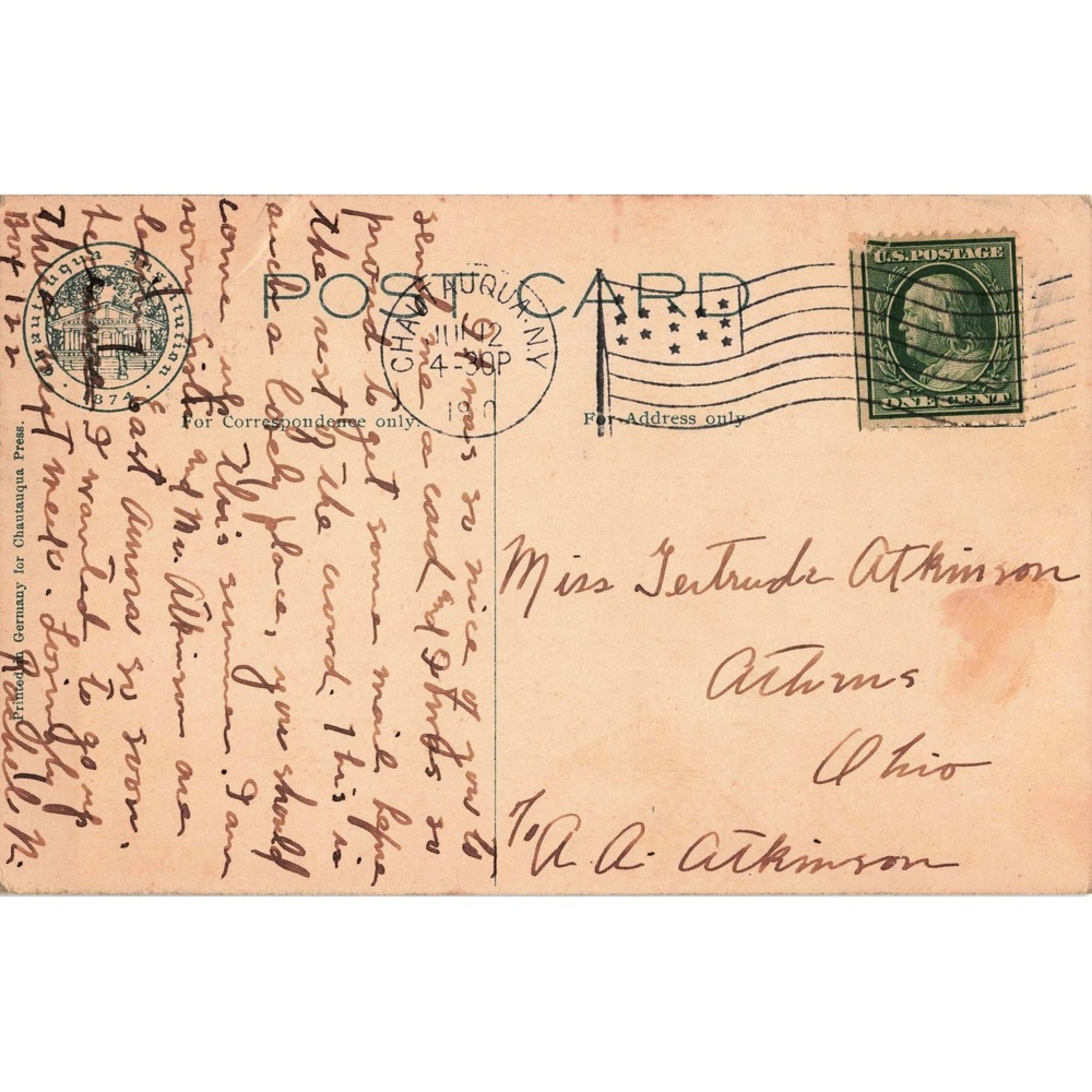 Chautauqua New York NY Postcard 1907 Hotel Veranda Lake View Institution Posted - Picture 2 of 2